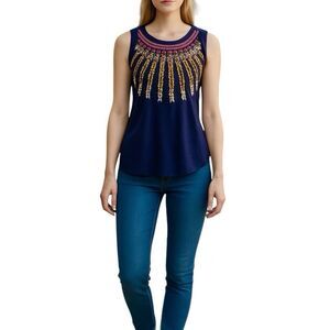 J.Crew Womens Blouse Sz 2 Embroidered Tribal Ethnic Musical Festival Indie Blue
